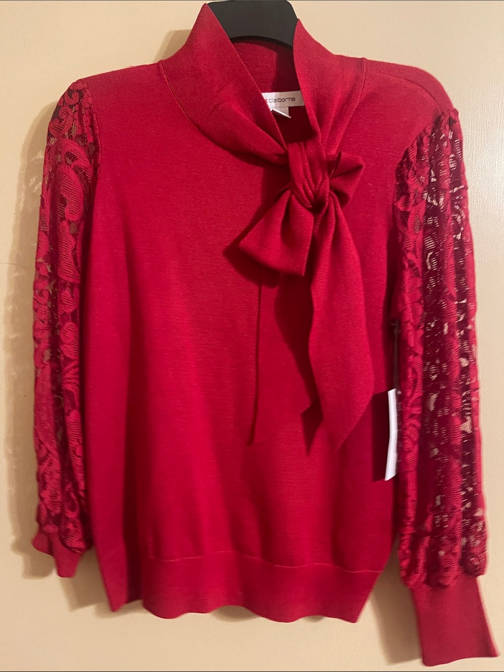 Liz Claiborne Red Bow Neck Sweater with Lace Sleeves